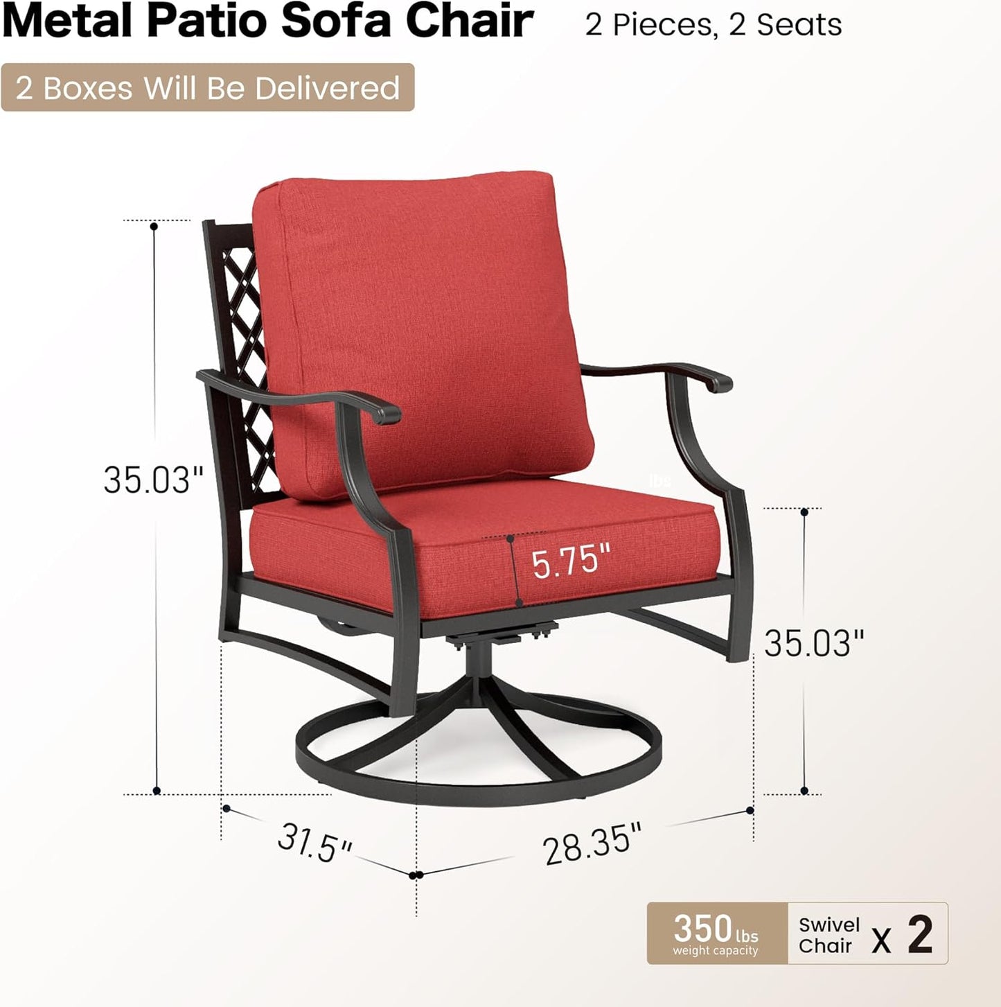 Metal Outdoor Swivel Patio Chairs Set of 2 with 5.75" Extra Thick Cushion, 2 Piece High Back Swivel Rocker Patio Chairs Outdoor Furniture Seating for Deck Balcony Front Porch, Red