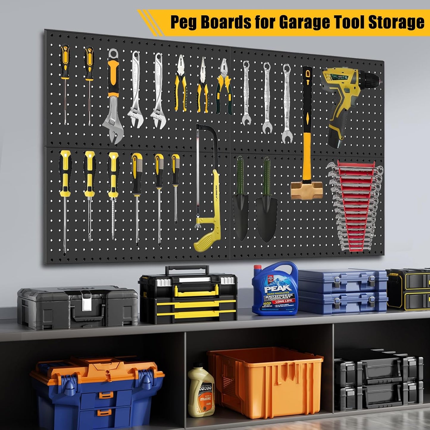 6 Pcs Metal Pegboard Panels, Heavy Duty Peg Boards for Garage and Garden Tool Storage, Includes Drywall Anchors and Screws Kits, Black