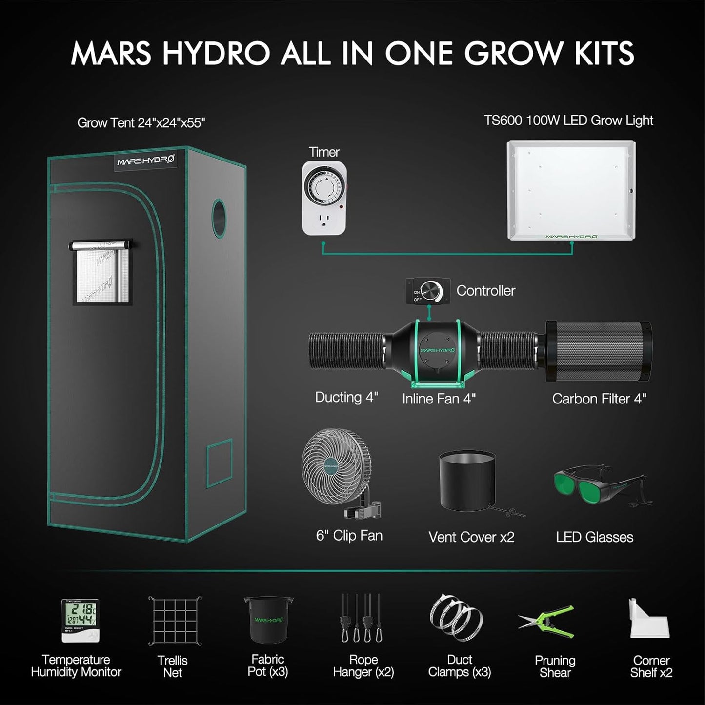 MARS HYDRO 2x2 Grow Tent Kit Complete System with 10 Speed Clip Fan,100W TS600 LED Full Spectrum Grow Light,24"x24"x55" 1680D High Reflective Mylar Grow Tent,4 inch 205 CFM Smart Ventilation System