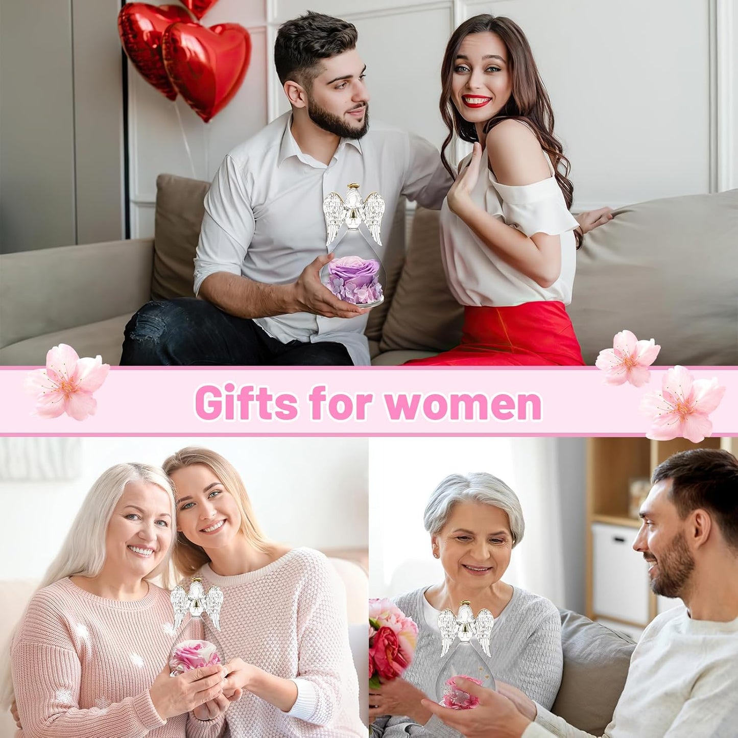 Yamonic Birthday Gifts for Women, Angel Figurines with Real Rose Gifts for Her Mom Grandma,Preserved Flowers Rose Gifts for Christmas Anniversary Birthday Gifts for Her (White+Pink)