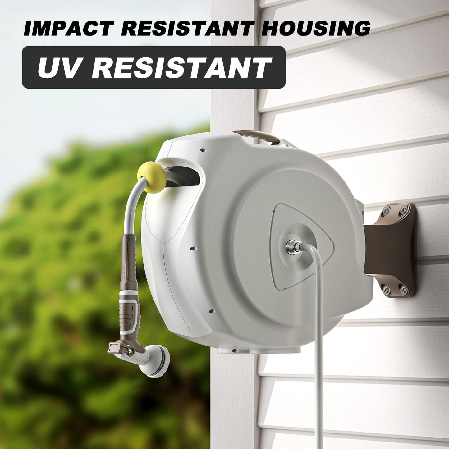 Retractable Garden Hose Reel, 1/2 in 120+6 ft, Heavy Duty Wall Mounted Water Hose Reel, Spring Power Automatic Rewind, Any Length Lock, 180° Swivel Bracket, 10 Pattern Spray Nozzle