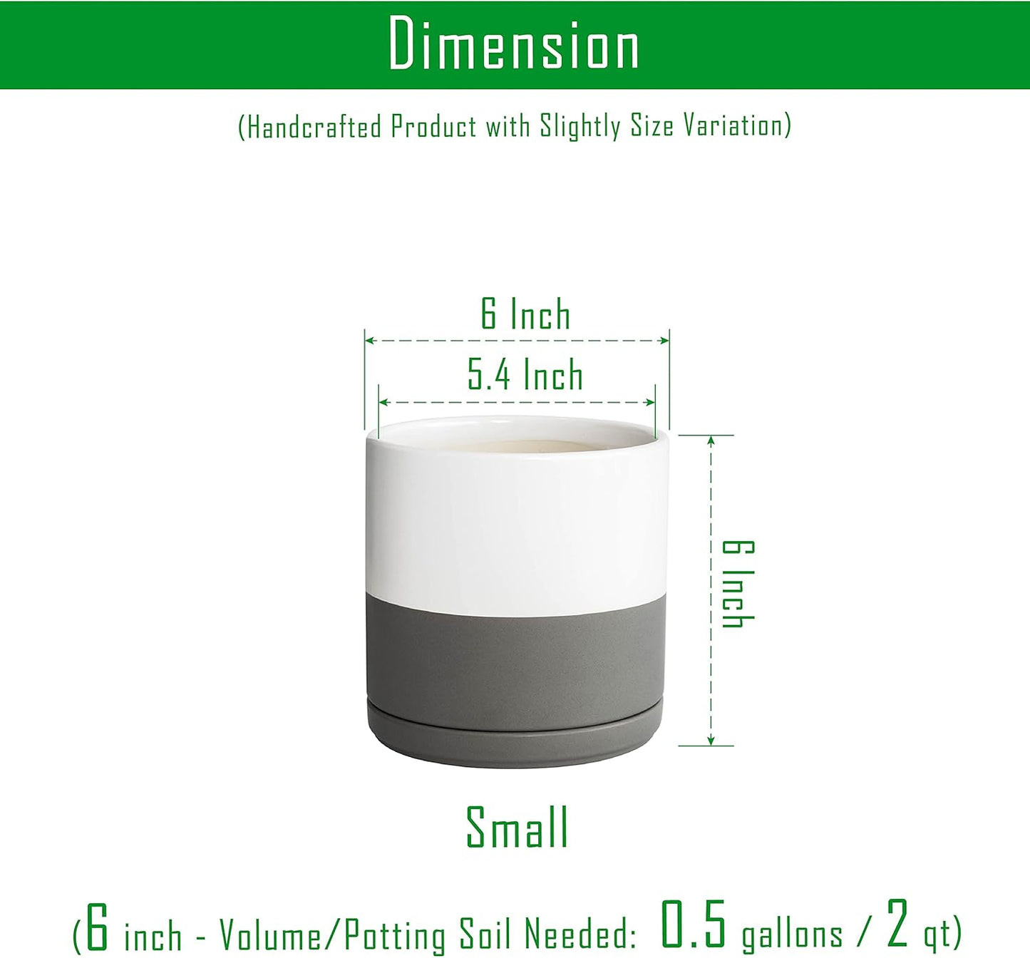 D'vine Dev 6 Inch Ceramic Planter Pot with Drainage Hole and Saucer, Indoor Cylinder Round Flower Pot, White/Speckled Grey, 94-O-C-6