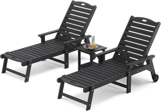 LUE BONA Chaise Lounge Chairs Set with Table, 3-Piece, HDPS Chaise Lounger, 5 Positions Adjustable Lounge Chairs, Pool Lounge Chair with Wheels for Poolside, 3 Year Warranty, Black