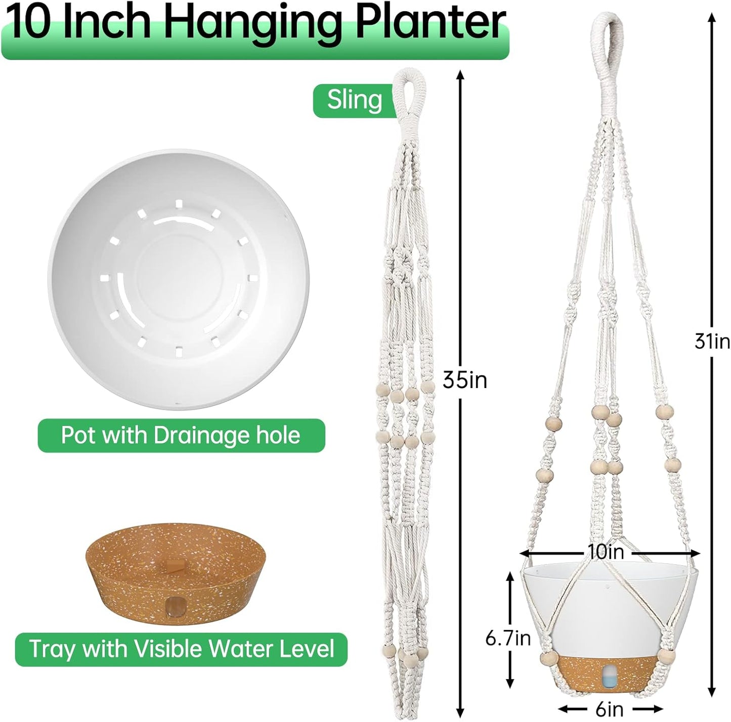 ZMTECH 2 Pack 10 Inch White Hanging Planters with Macrame Plant Hanger for Indoor and Outdoor Plants, Self Watering, Drainage Hole, Visible Level Tray