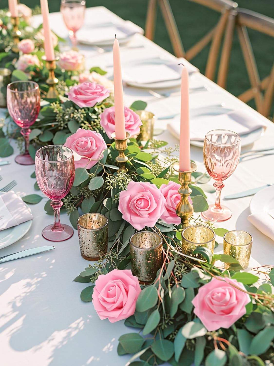 N&T NIETING Artificial Flowers Pink Roses, 25Pcs Fake Flowers Foam Roses with Stems for DIY Wedding Bridesmaid Bridal Bouquets Centerpieces Party Home Decoration Baby Shower