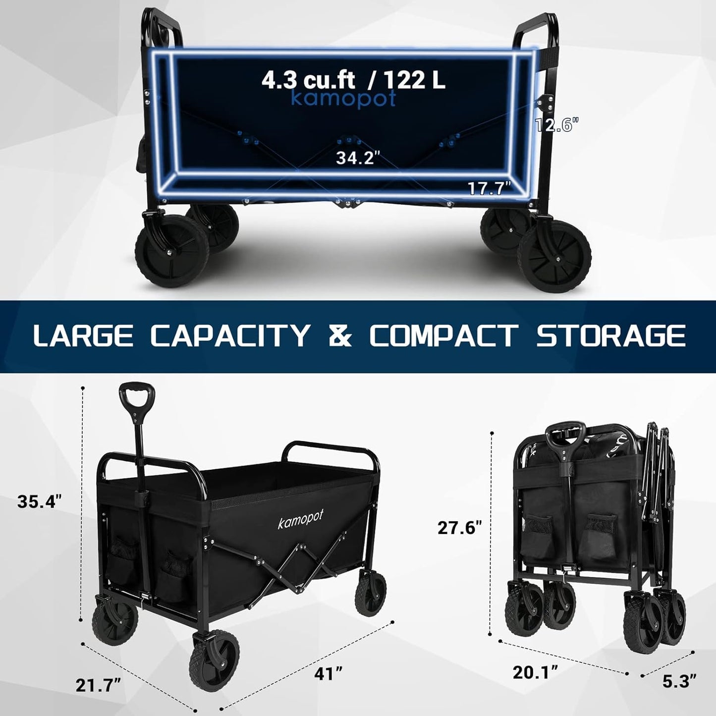 Large Collapsible Wagon Foldable for Grocery, Beach, Park, Yard, 34 x 18 Inch Inner Storage. Folding Utility Shopping Cart on Wheels. Heavy Duty, Durable w/Cupholders (Black)