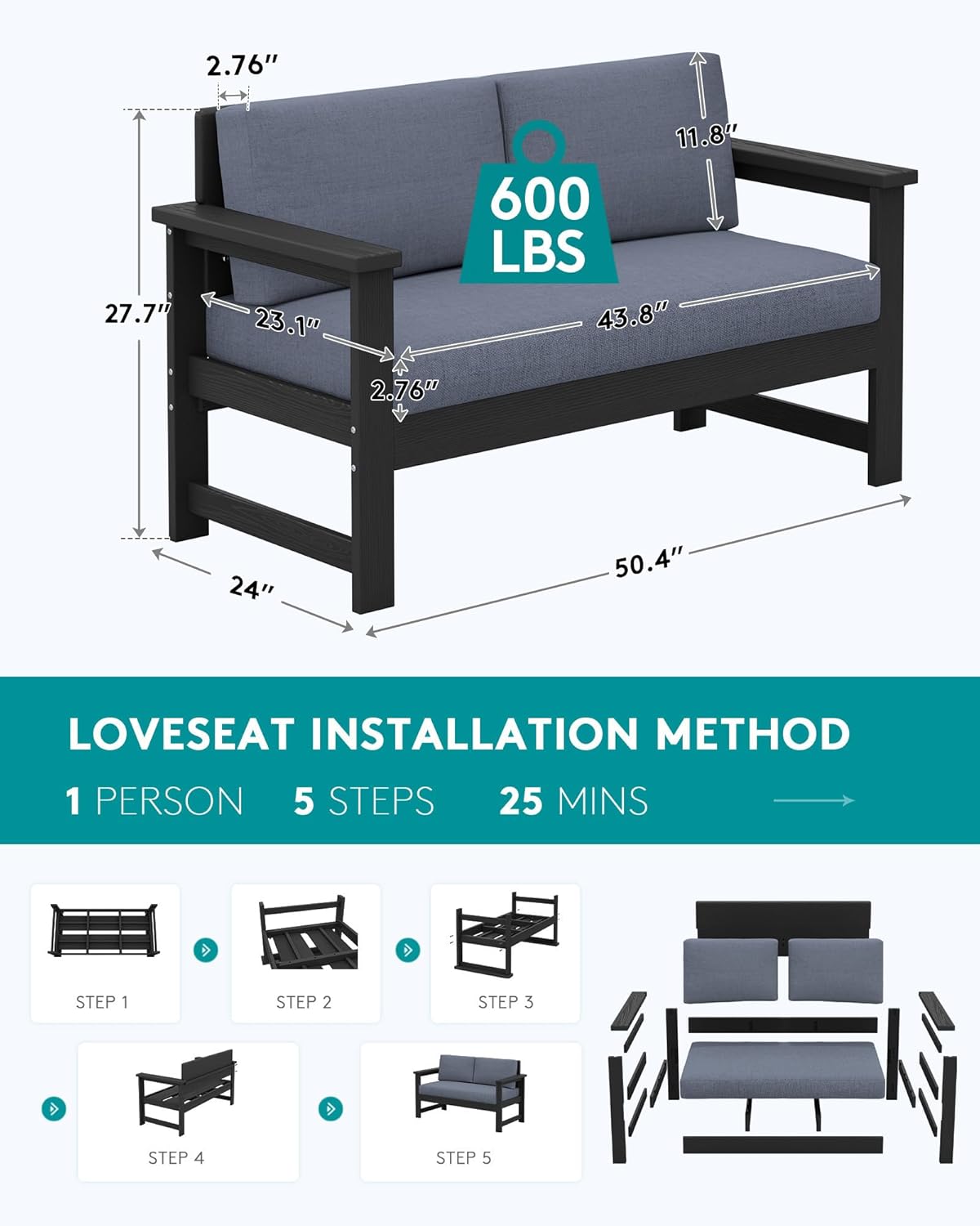 SERWALL Black HDPE Outdoor Loveseat with Grey Cushions, All Weather Use Outdoor Loveseat Sofa, Black Frame with Grey Cushions