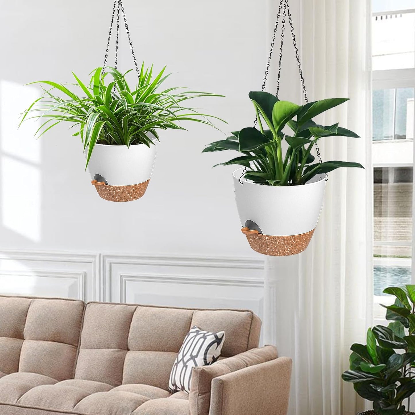 3 Pack Hanging Planter Indoor Outdoor Flower Pots 7/6.5/5 Inch, Self-Watering Hanging Pot with Drainage Holes Hanging Baskets Holder Plant Pots for Garden (White)