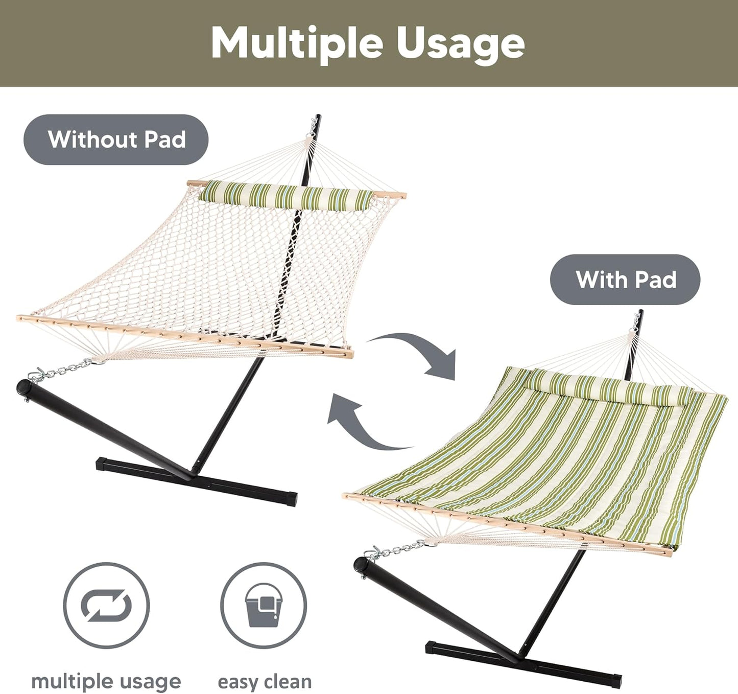 SUNCREAT Cotton Rope Hammock for Two People with Hardwood Spreader Bars, Quilted Fabric Pad & Detachable Pillow, Extra Large Hammock with 12 FT Steel Stand, Ipad Bag & Cup Holder, Green&Beige