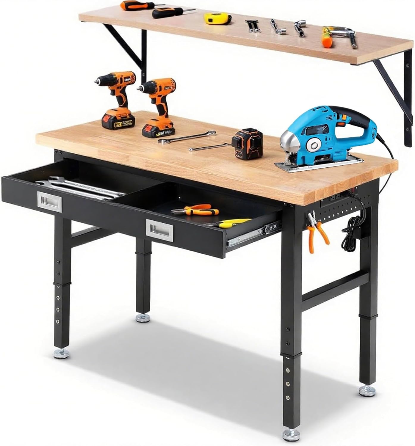 Workbench with Shelf Bracket 48 Inch Adjustable Height Work Bench for Garage Heavy Duty Rubberwood Tabletop Work Table with Drawer, Power Outlets for Woodworking, Home, Office, Workshop
