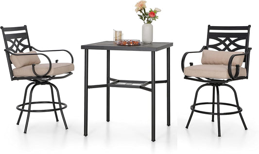 Sophia & William 3 Piece Patio Bar Set with 2 Swivel Bar Stools and 1 Square Bar Table, All Weather Patio Bistro Set with Seat Cushions