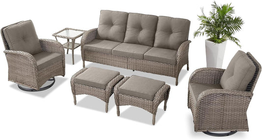 6 Pieces Wicker Patio Furniture Set - Swivel Rocker Outdoor Chairs with Outdoor Couch and Side Table, All-Weather Patio Conversation Set for Sunroom Deck Backyard
