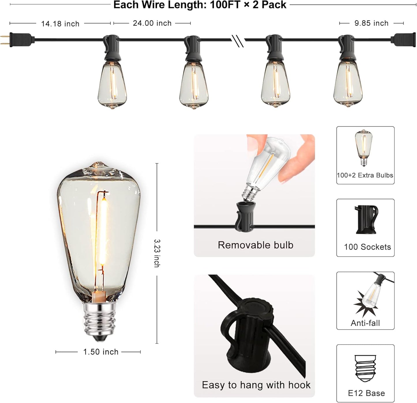 DAMAING Outdoor String Lights 200 FT Waterproof Patio Lights with 102 ST38 Shatterproof LED Bulbs, Dimmable Vintage Edison String Lights for Outside House Backyard Porch Gazebo Party,2-Pack x 100ft