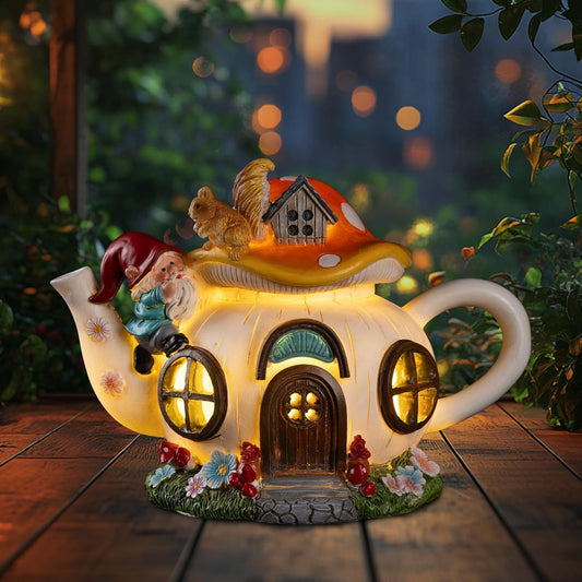 Mushroom Fairy House Garden Decor Solar Light – Outdoor Gnome Statue with Squirrel, Resin Teapot Decorative Figurine for Patio, Lawn, Yard & Balcony, for Women, Mom, and Home