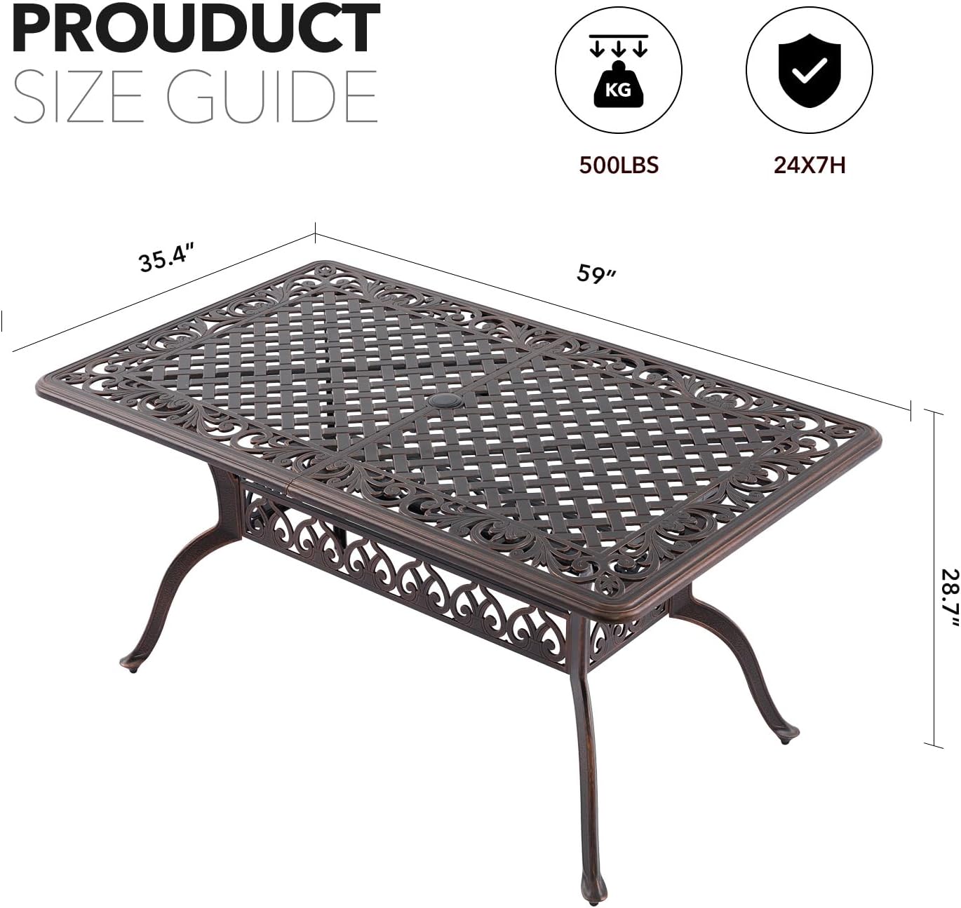 59” Patio Outdoor Dining Table for 6, Cast Aluminum Rectangle Patio Dining Table Weather Resistant with 2" Umbrella Hole for Patio Deck Garden (Copper, 59" Classic Table)