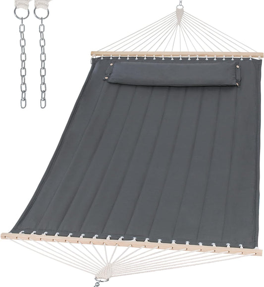 SUNCREAT Portable Tree Hammock with Hardwood Spreader Bar, Extra Large Soft Pillow, Heavy Duty 2 Person Hammock for Indoor, Outdoor, Gray