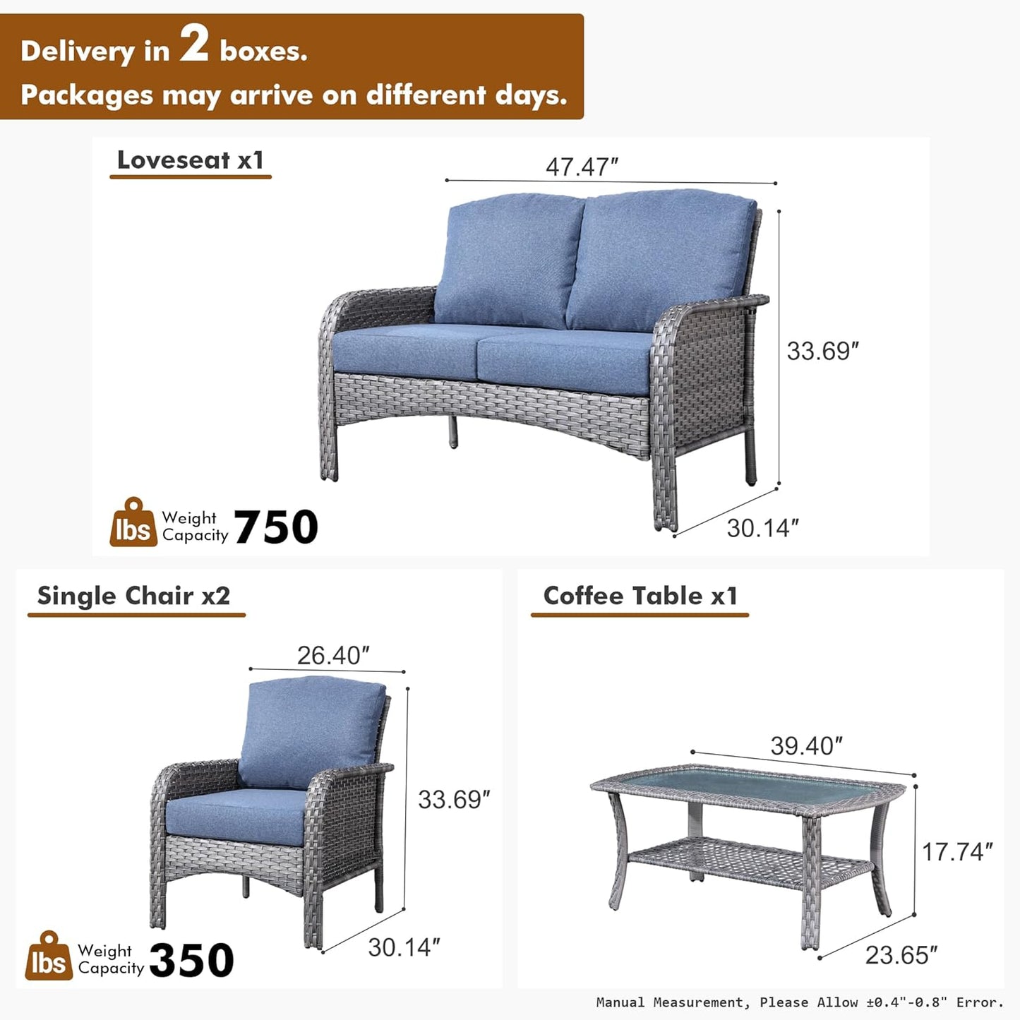 HOOOWOOO Patio Furniture Set,4 Pieces Outdoor Conversation Set,All Weather Wicker Loveseat Sofa Set with High Back Chairs Table,Denim Blue