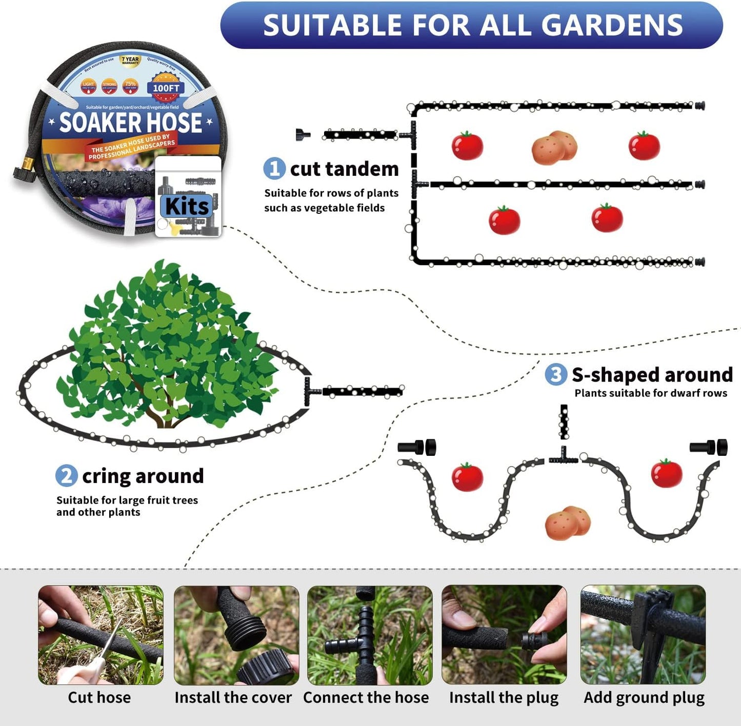 Soaker Hose 100 FT for Garden Beds, 1/2’’ Rubber Garden Soaker Hoses 100 FT with Connectors, Drip Irrigation Watering Hose for Vegetable, Tree, Lawn Yar (100 FEET)