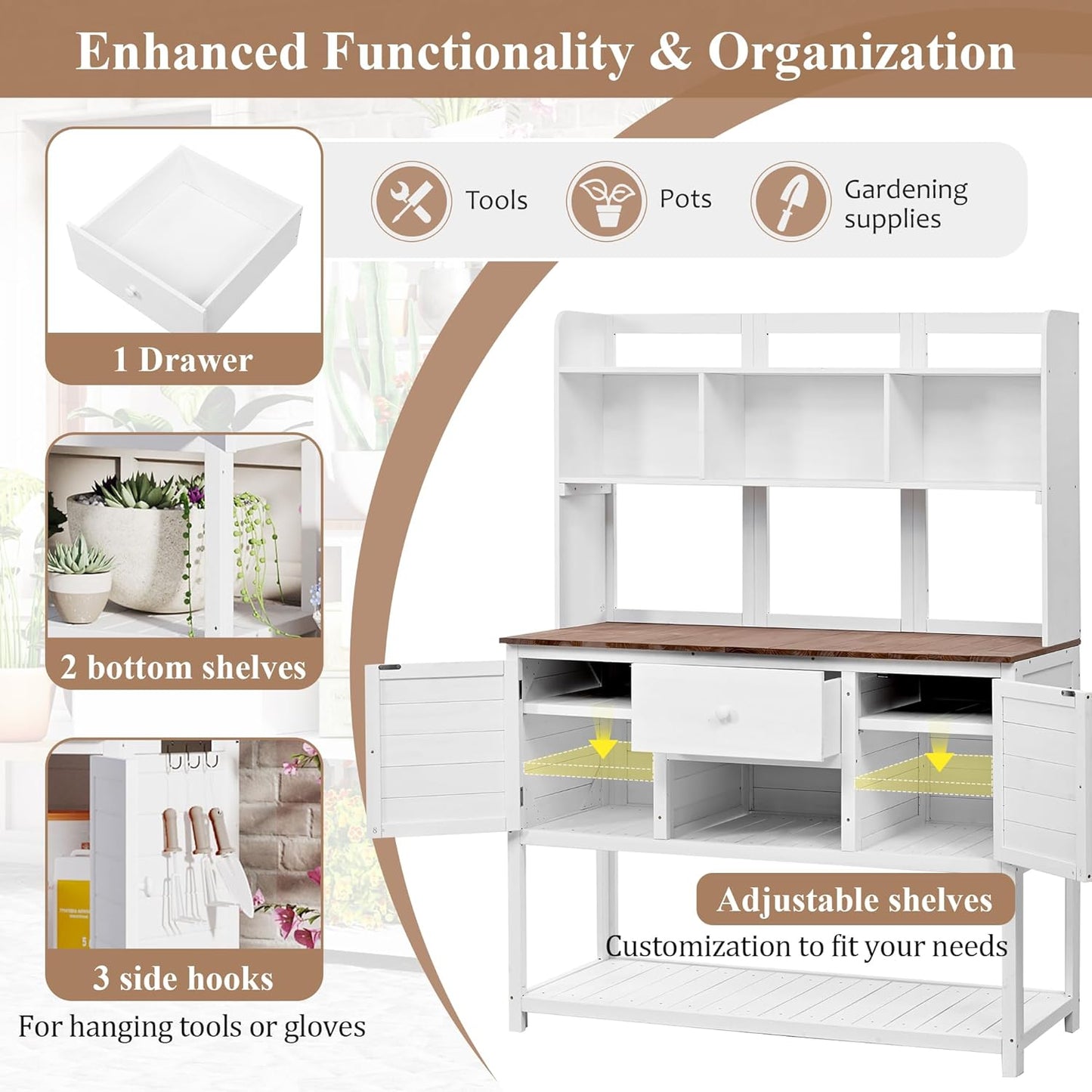 Outdoor Potting Bench-Fir Wood Garden Work Table with Hutch &Storage-Rustic Planting Station for Backyard, 50.2"x19.7" x66.1" (Natural) (White + Wood + Country Style)