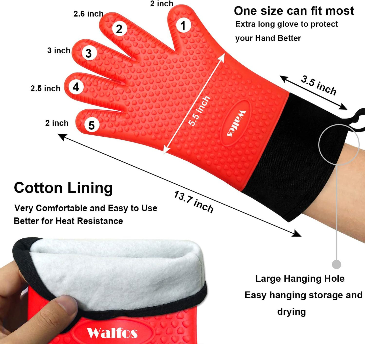 Walfos Silicone BBQ Gloves - Heat Resistant Grilling Gloves, Premium Non-Slip Kitchen Silicone Oven Mitt with Protective Cotton Layer Inside, Waterproof, Great for Grilling, Kitchen and Cooking, Red