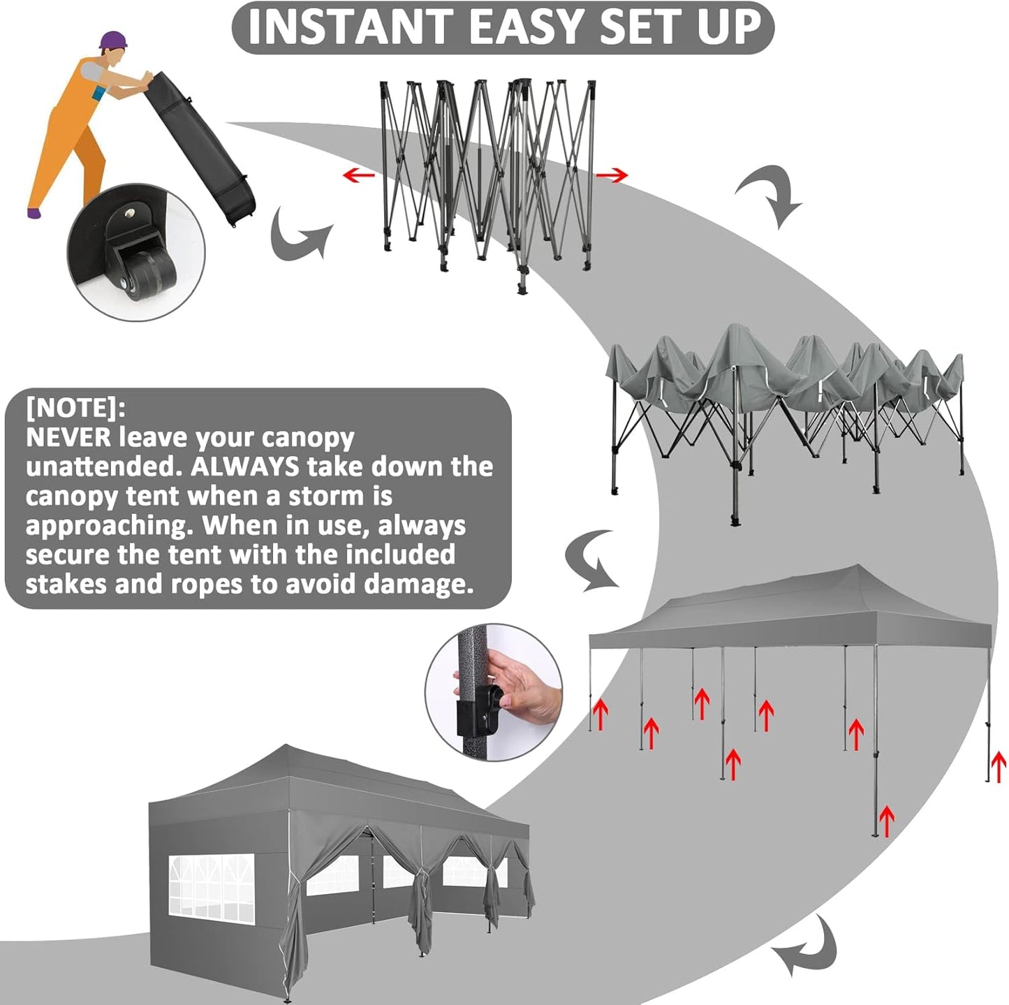 COBIZI 10x30 Pop Up Canopy with 8 Sidewall,Heavy Duty UPF 50+ All Season Wind Waterproof Commercial Outdoor Wedding Party Tents for Parties Canopy Gazebo with Roller Bag(10 x 30 ft Gray)