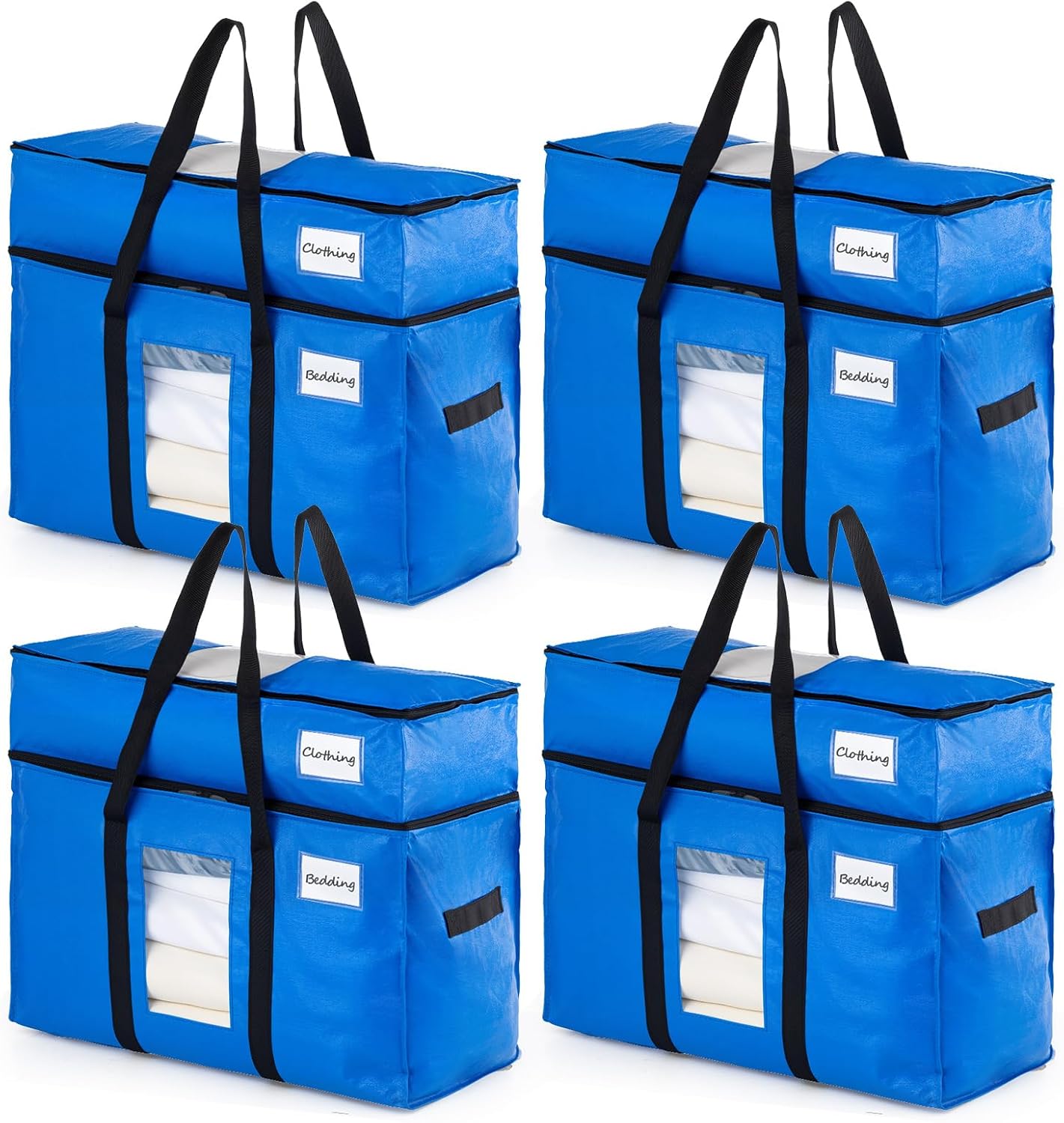 TAILI 2 Tier Extra Large Moving Bags, 4 Pack Blue Heavy Duty Totes For Storage with Visible Window, Wrap Around Handles, Storage Bags for Space Saving, Alternative to Moving Boxes