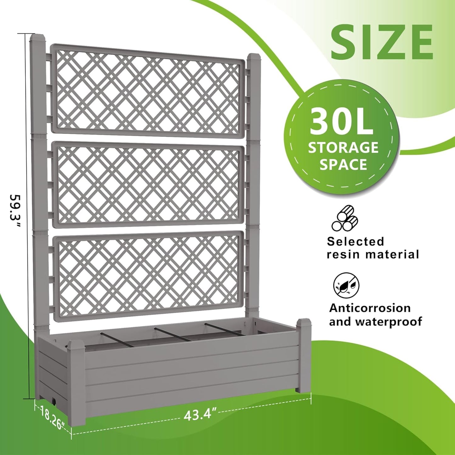 59.3in Planter Box Trellis, Large Outdoor Plastic Raised Garden Bed with Drain Plug for Climbing Plants(Gray,43.43 * 18.27 * 59.29)