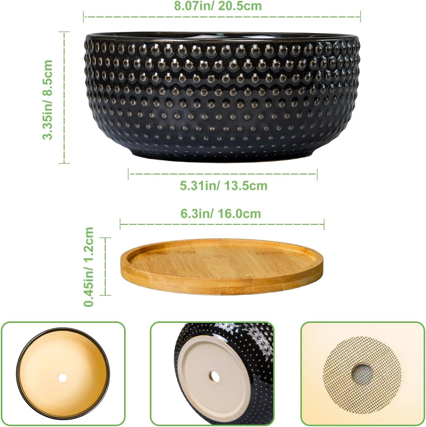 Bonsai Tree Pot - 8 Inch Ceramic Succulent Planters with Drainage and Plant Tray, Boho Round Shallow Bowl for Indoor Plants, Office Decor, Housewarming Gift, Black