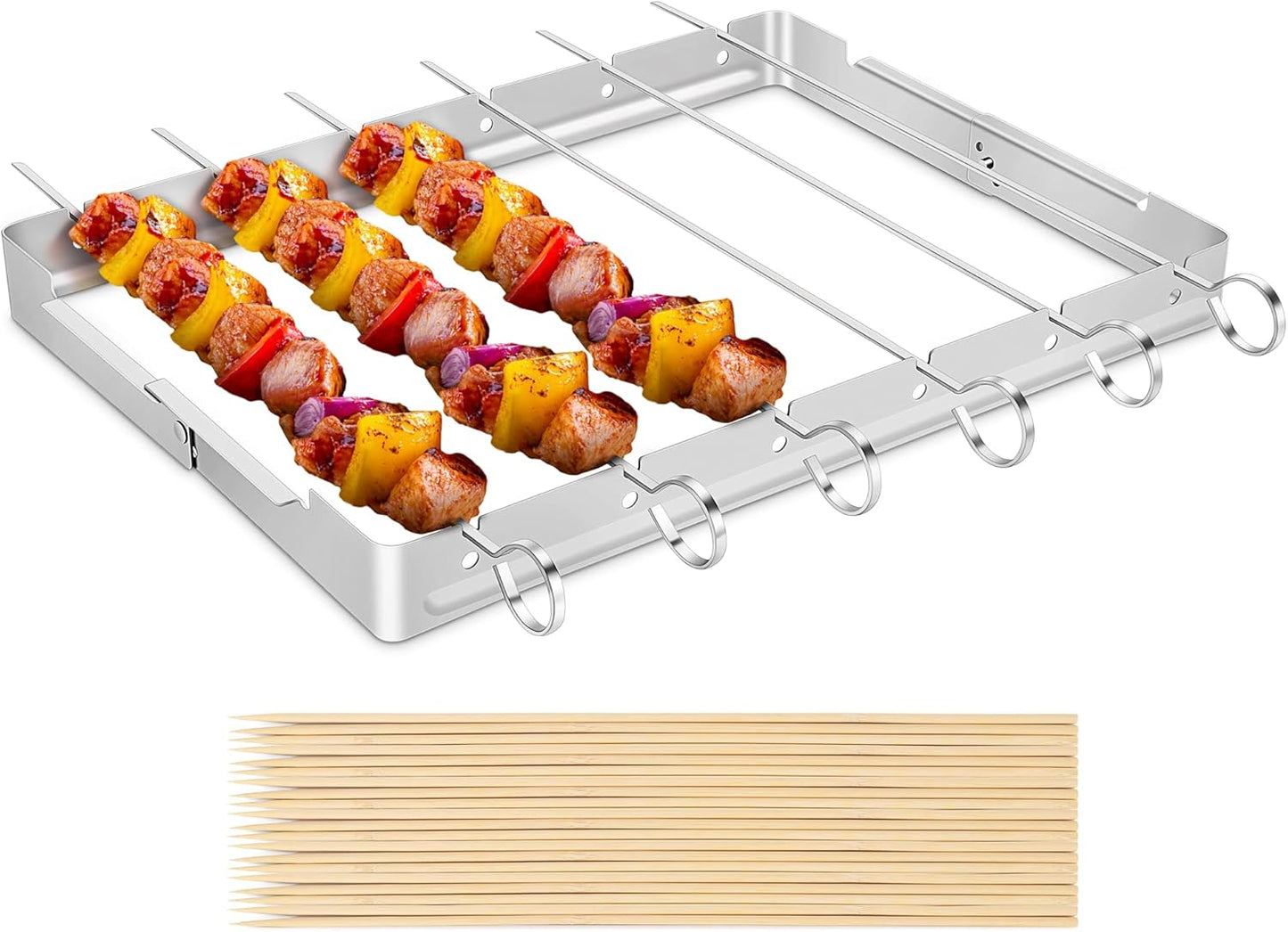Unicook Stainless Steel BBQ Shish Kabob Set, Foldable Shish Kabob Holder with 6pcs 13"L Skewers, Reusable Grill Rack, Comes with 30pcs 12.5"L Bamboo Skewers for Party and Cookout