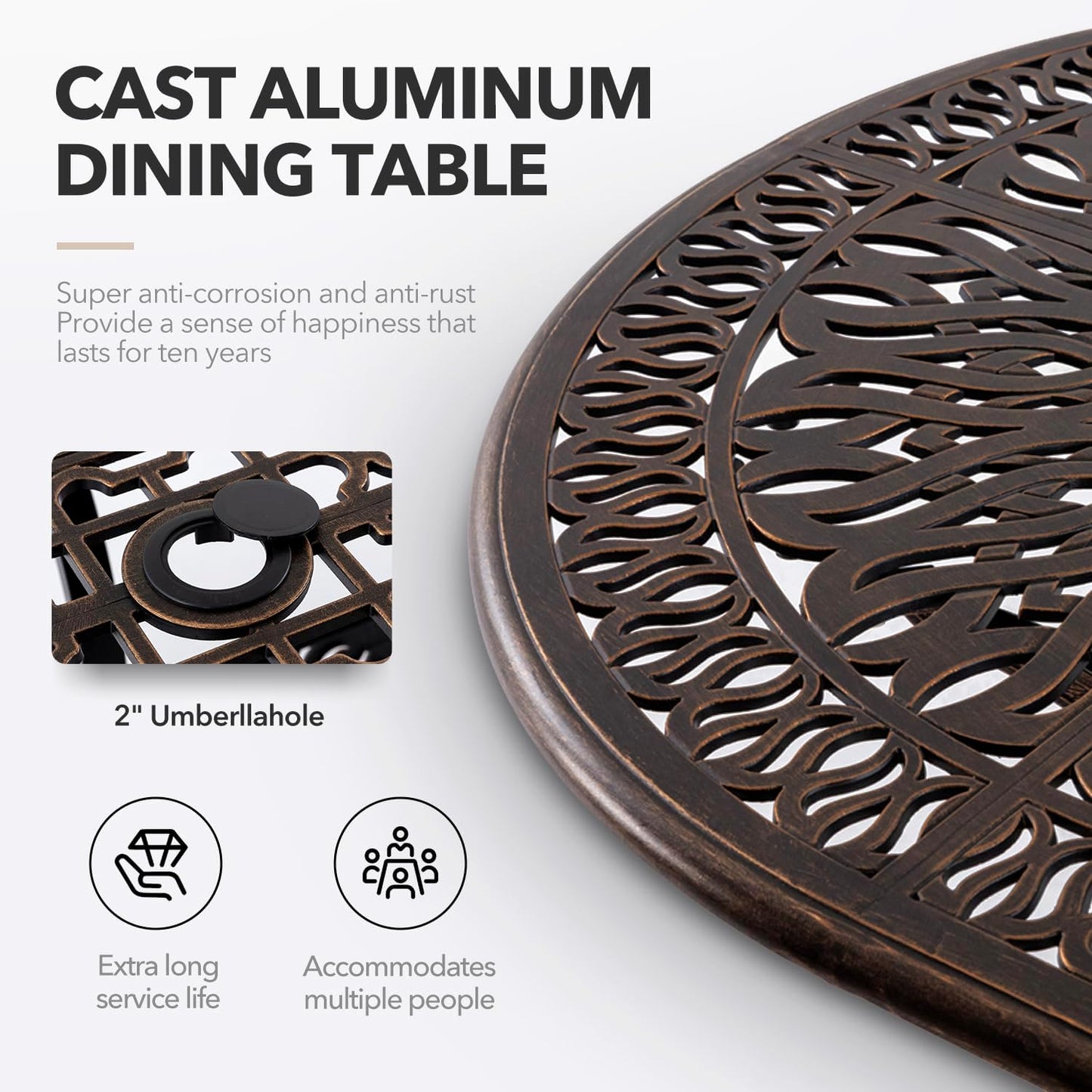 𝐀𝐢𝐥𝐢𝐬𝐦𝐚𝐢𝐥 87” Patio Outdoor Dining Table for 8, Cast Aluminum Oval Patio Dining Table Weather Resistant with 2"" Umbrella Hole for Patio Deck Garden, Hammered Bronze