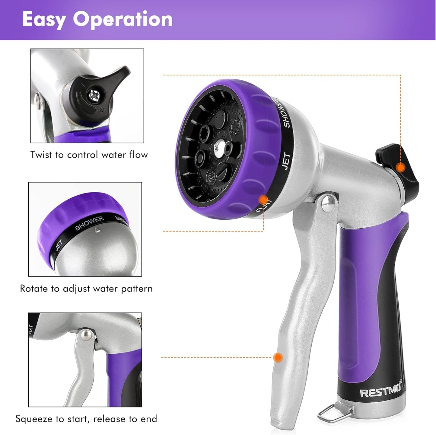 RESTMO Garden Hose Nozzle, Heavy Duty Metal Water Hose Nozzle with 7 Adjustable Spray Patterns, High Pressure Hand Sprayer with Flow Control, Best for Watering Plant & Lawn, Washing Car & Pet, Purple