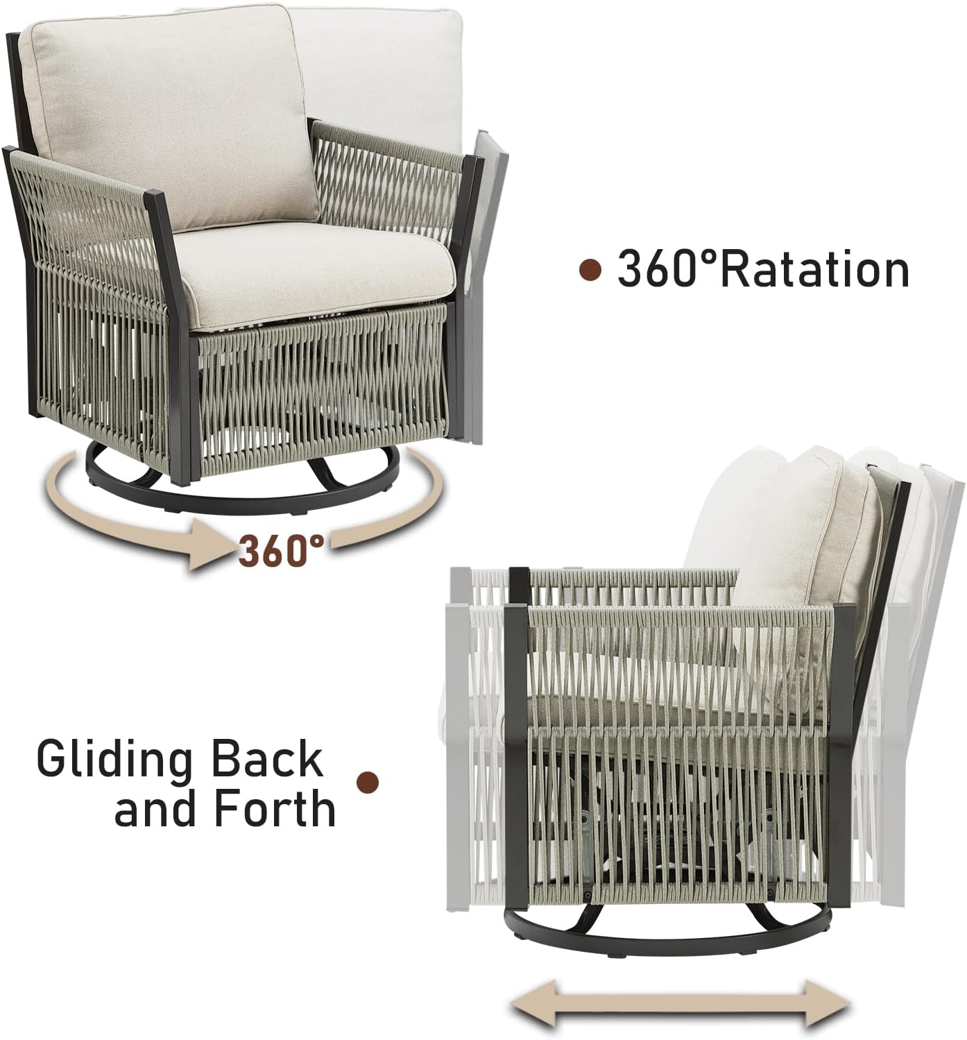 Patio Furniture Wicker Outdoor Conversation Set, 5-Piece All Weather Patio Furniture Rattan Rocking Sets w/Removable Cushions & Ottomans, Side Table for Backyard, Balcony, Deck, Beige