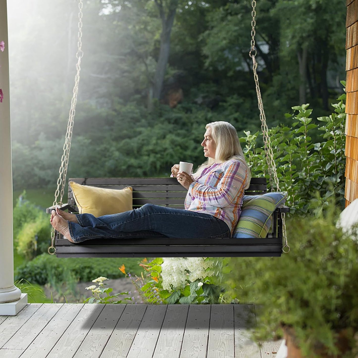 VINGLI Upgraded Patio Wooden Porch Swing for Courtyard & Garden, Heavy Duty 880 LBS Swing Chair Bench with Hanging Chains for Outdoors (Black, 4 FT)