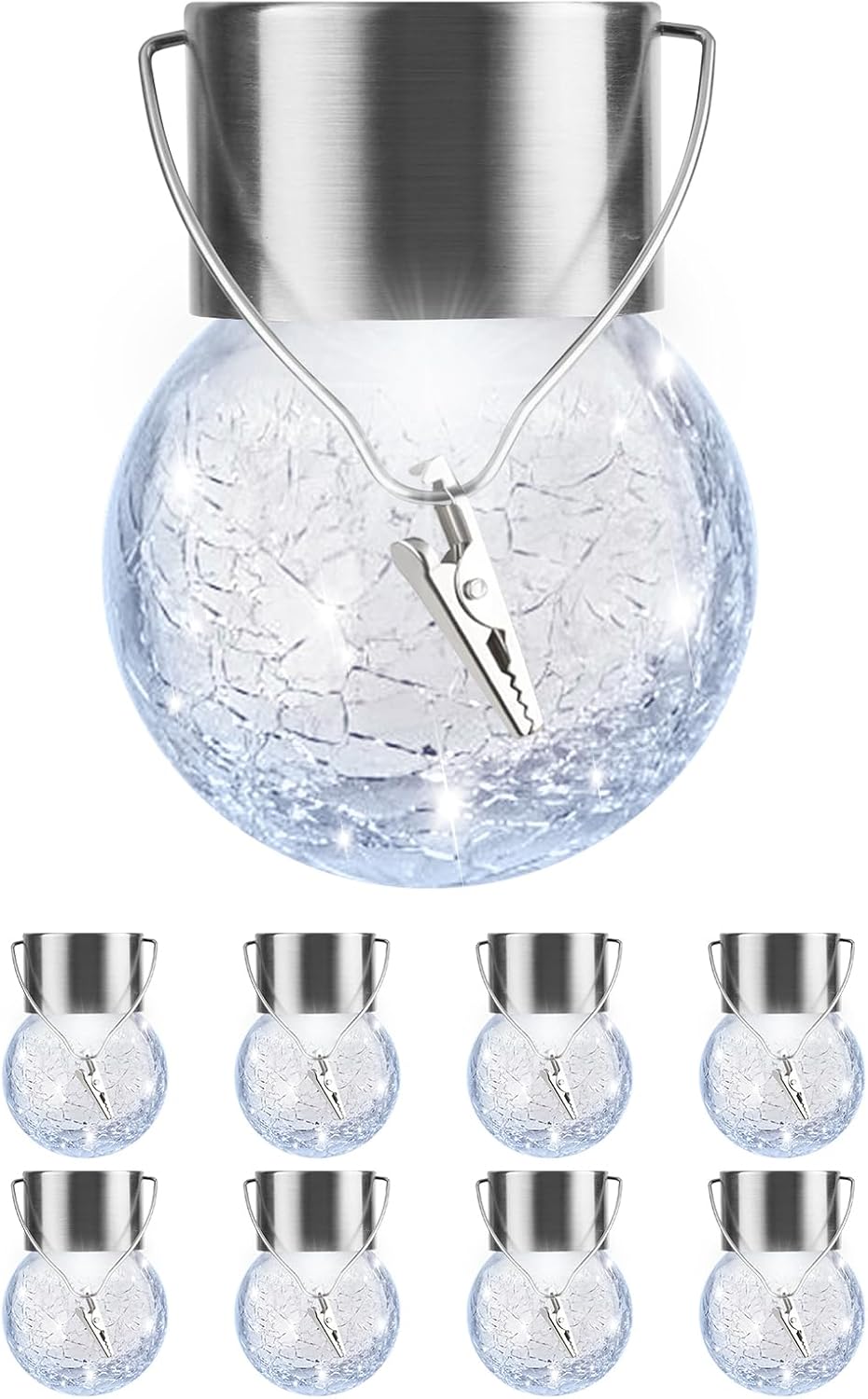 Solar Lights Outdoor Hanging Decorative Globe 8 Pack, Waterproof Solar Lantern with Handle and Clip, Solar Powered Glass Ball Lights for Garden Yard Fence Tree Umbrella Holiday Décor, Cold White