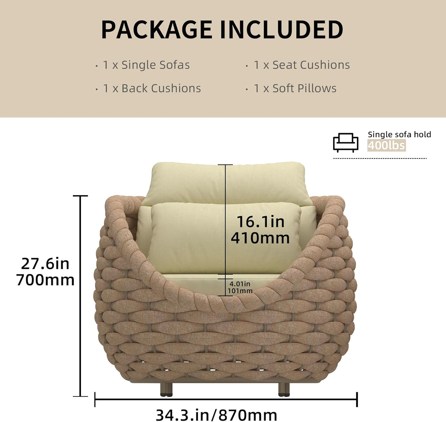 TWT 6 Pieces Patio Sofas, All-Weather Teslin Rope Balcony Furniture with Cushions & Pillows, Patio Couch Outdoor Patio Furniture Set for Indoor, Balcony, Backyard, Deck, Poolside, Light Brown