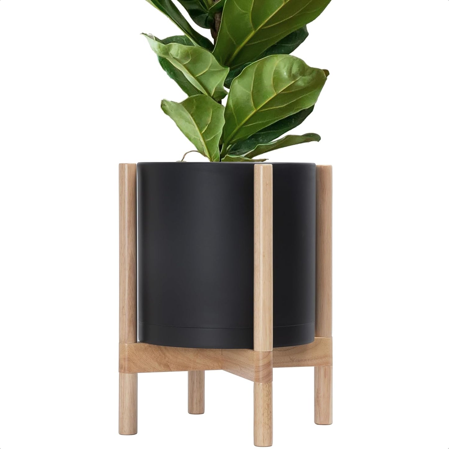 D'vine Dev Planter Pot with Stand - 12 Inch Plastic Cylinder Flower Pot with Wood Planter Holder for Indoor, Matte Black Pot + Natural Stand, 55-C-P-2