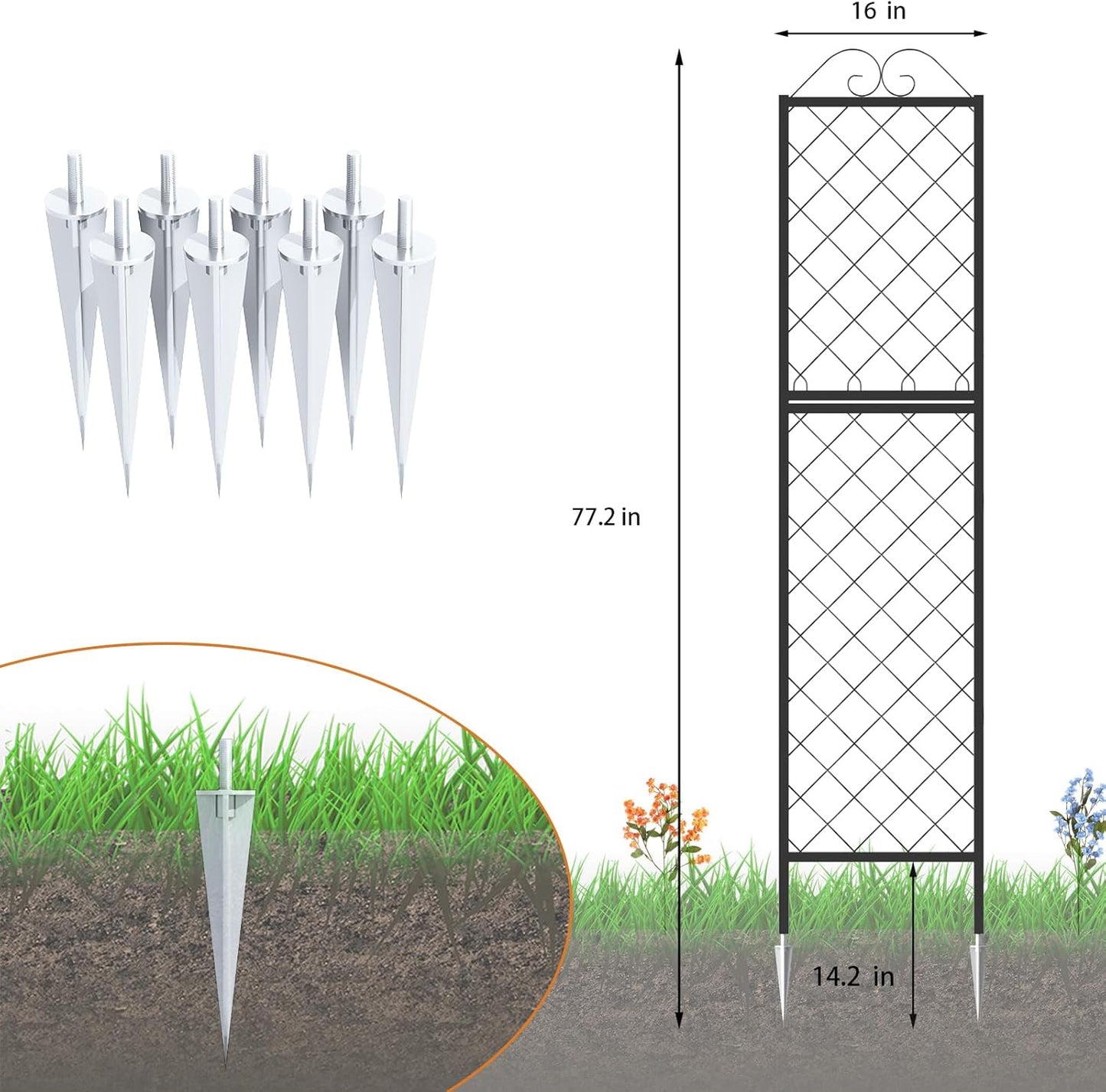 Zhongma 2 Pack Metal Garden Trellises for Climbing Plants, 77.2 Inch Tall Metal Fence Plant Support Trellis for Flower and Vagetable