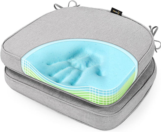 SUNROX Gel Memory Foam Chair Cushions, FadeShield Water-, Stain-Resistant Durable Reversible Seat Cushion Pads with Ties for Indoor/Outdoor Kitchen Dining Office, 19"x19", Set of 2, Heather Grey