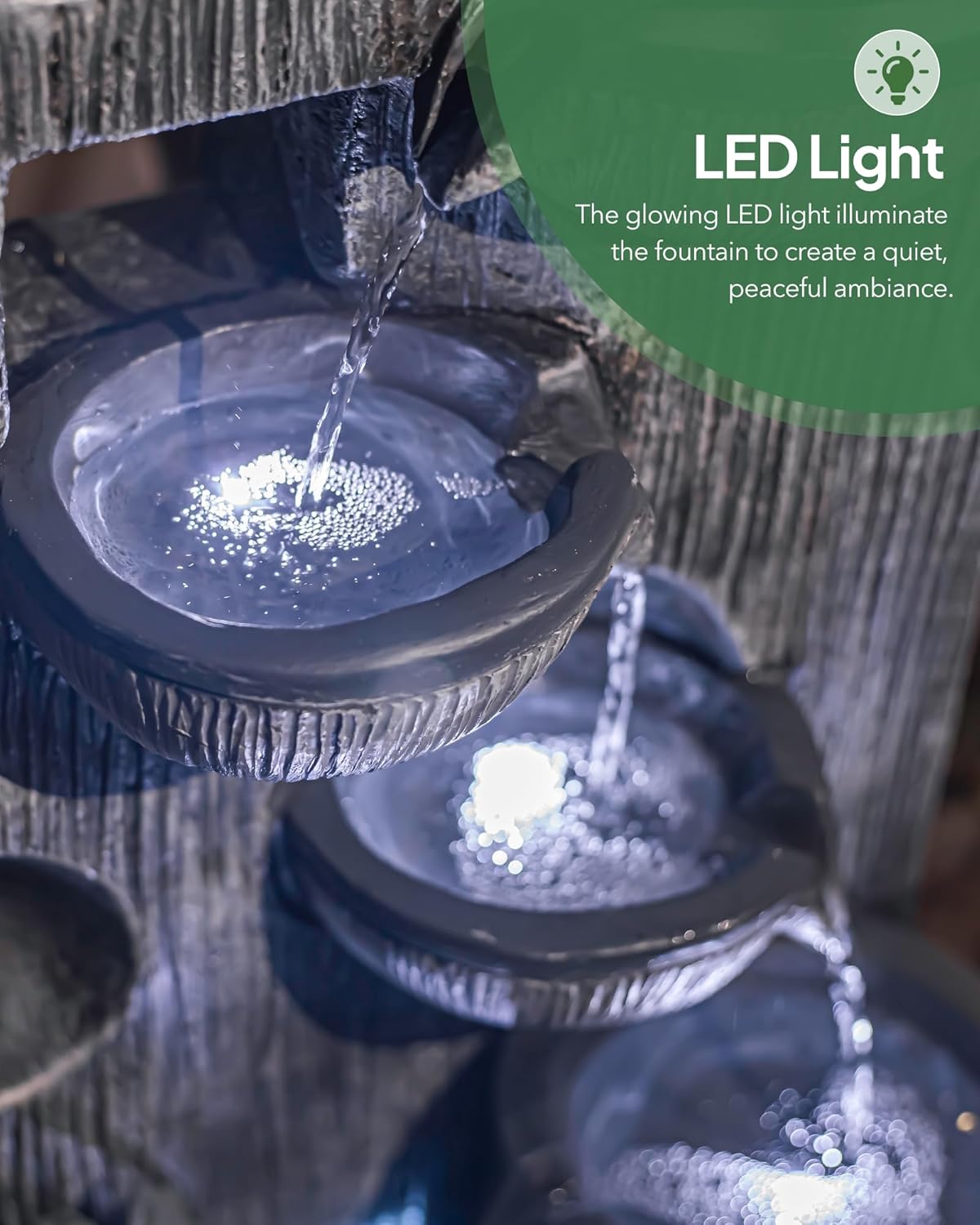 23.43" H Outdoor Water Fountain, 5 Tiers Bowls Garden Water Fountains with LED Light, Modern Natural Waterfall Fountain for Garden, Patio, Yard and Home Art Decor