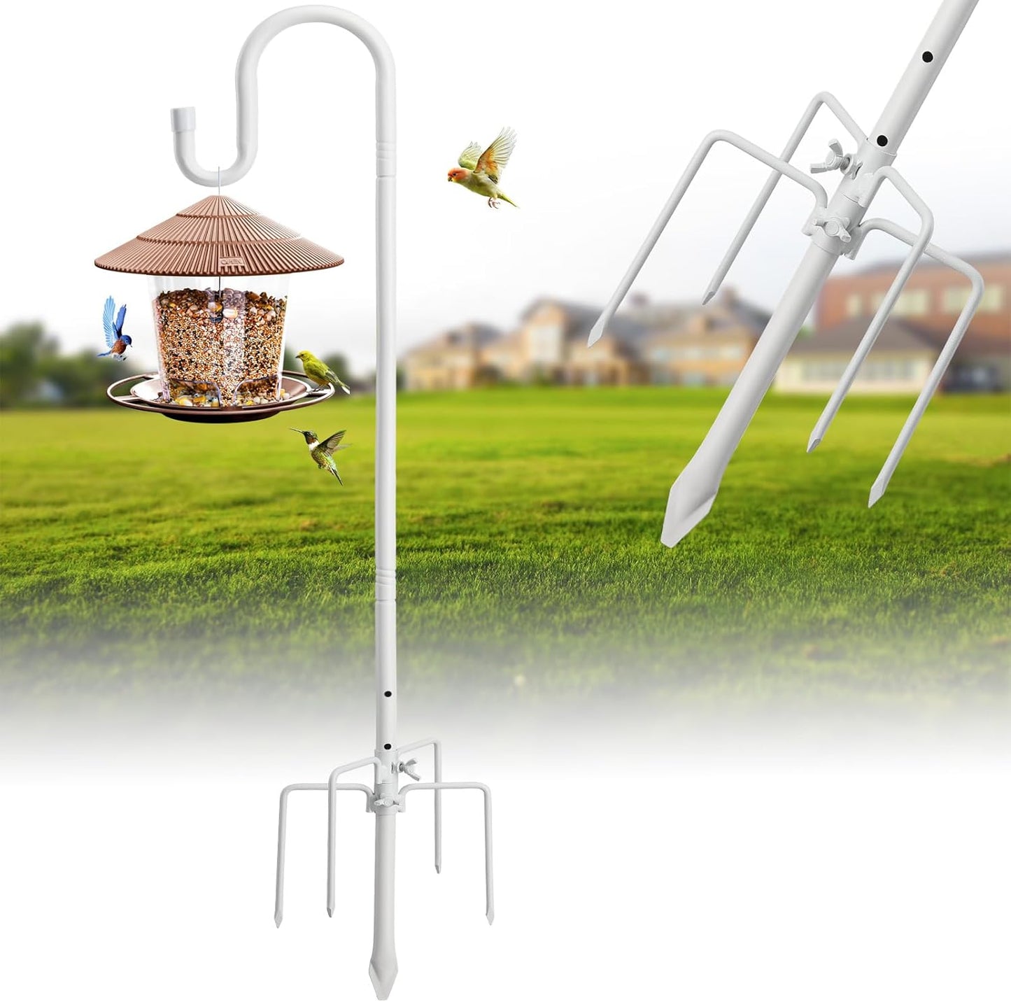 Hummingbird Feeder Pole for Outdoors - Heavy Duty Bird Feeder Stand with Adjustable Stake,62" Rustproof Shepards Poles with Hangers Holder for Birdfeeder,Wind Chimes,Lanterns,Wreaths,White