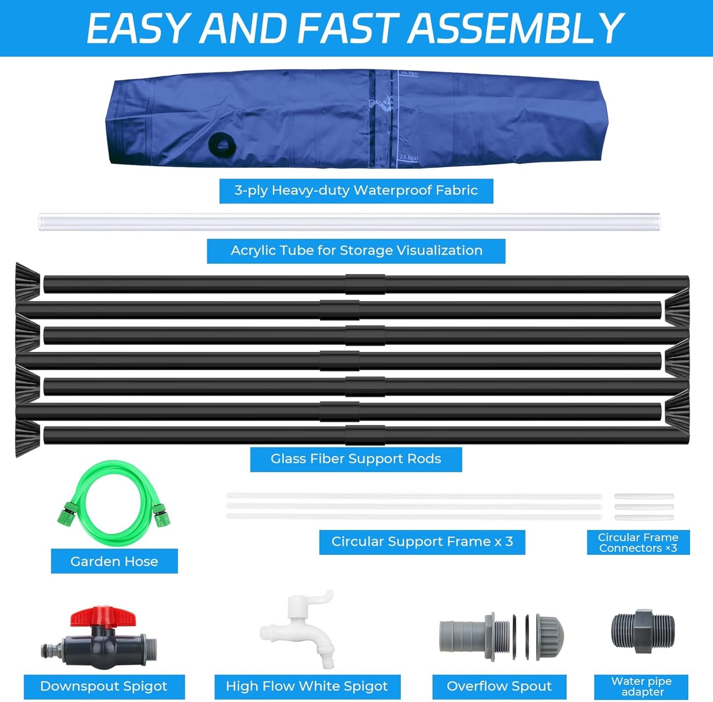 Rain Barrels to Collect Rainwater from Gutter - Portable Water Storage Tank Water Barrel Rainwater Collection System Rain Catcher Include Filter Two Spigots and Overflow Kit (100 Gallon, Blue)