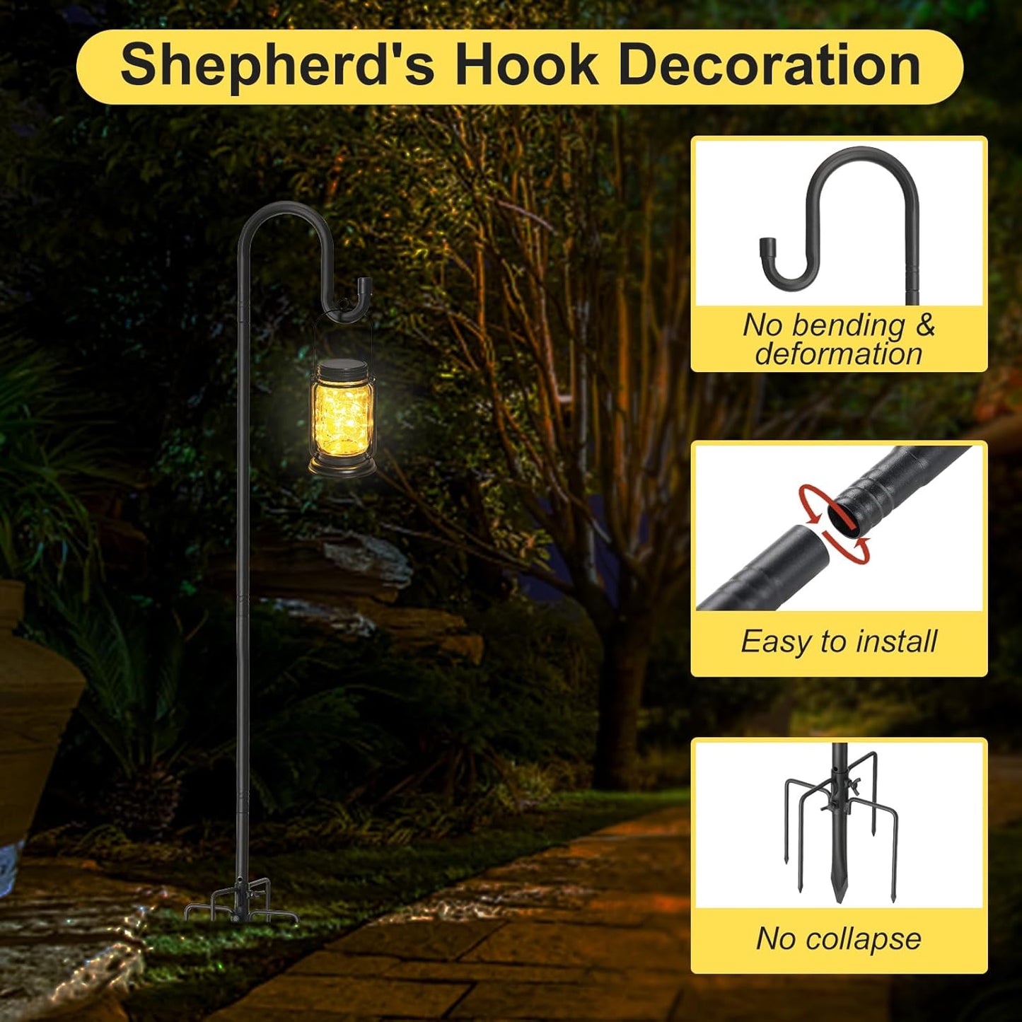 Heavy Duty Shepherd Hooks for Outdoor Decor, 62 Inch Tall Garden Hooks for Hanging Plants, Lanterns, Bird Feeders – Rust-Resistant Steel, Sturdy 5 Prongs Base – Black