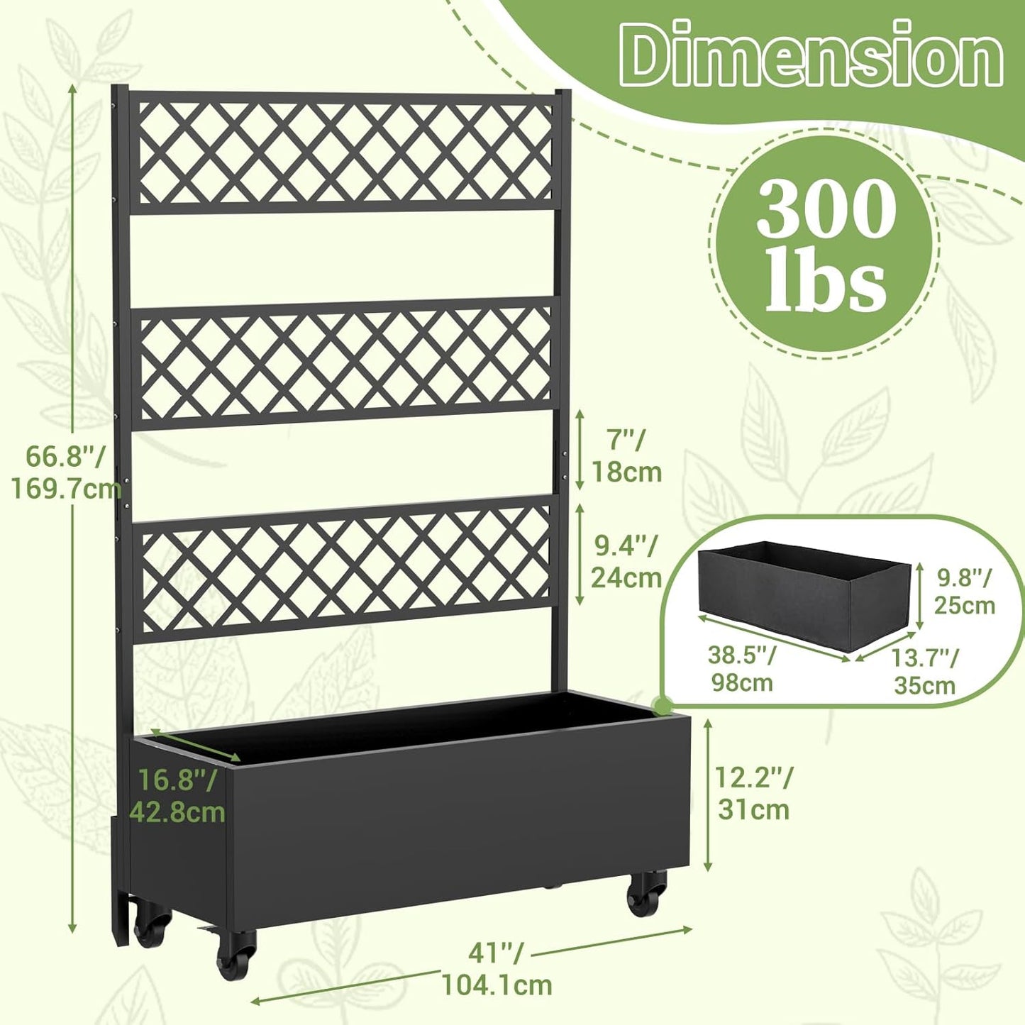 Metal Planter Box with Trellis Privacy Screen, 67"x41"x16" Raised Garden Bed with Trellis, Privacy Planter Boxes, with Planting Bag & Lockable Casters for Climbing Plants,Vegetables,and Vines