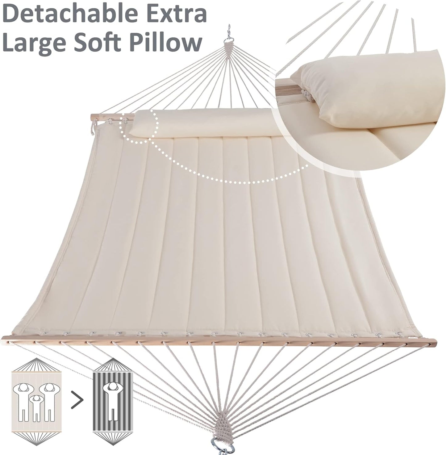 SUNCREAT Double Hammock for 2 Person, Extra Large Outdoor Portable Hammock with Hardwood Spreader Bar, Soft Pillow, 475 lbs Capacity, Beige