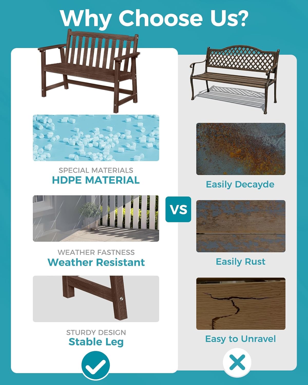 Outdoor Bench, 2-Person HDPE Garden Bench, All Weather Poly Patio Bench for Outdoors, Garden, Backyard, Porch and Park, 550 lbs Weight Capacity, Brown