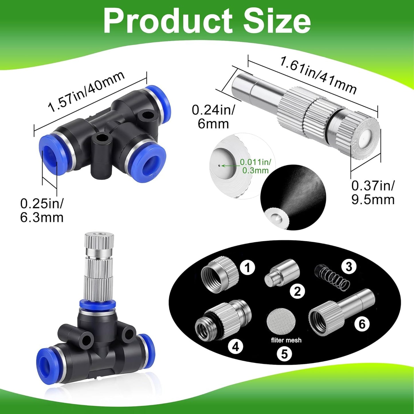 Mornajina 20 Pcs Brass Misting Nozzles Mister Replacement Nozzles with Filter Mesh & 1/4" Water Misting Nozzle Tees Kit, 0.012"/0.3mm Orifice Misting System Heads Sprayer for Outdoor Cooling System,