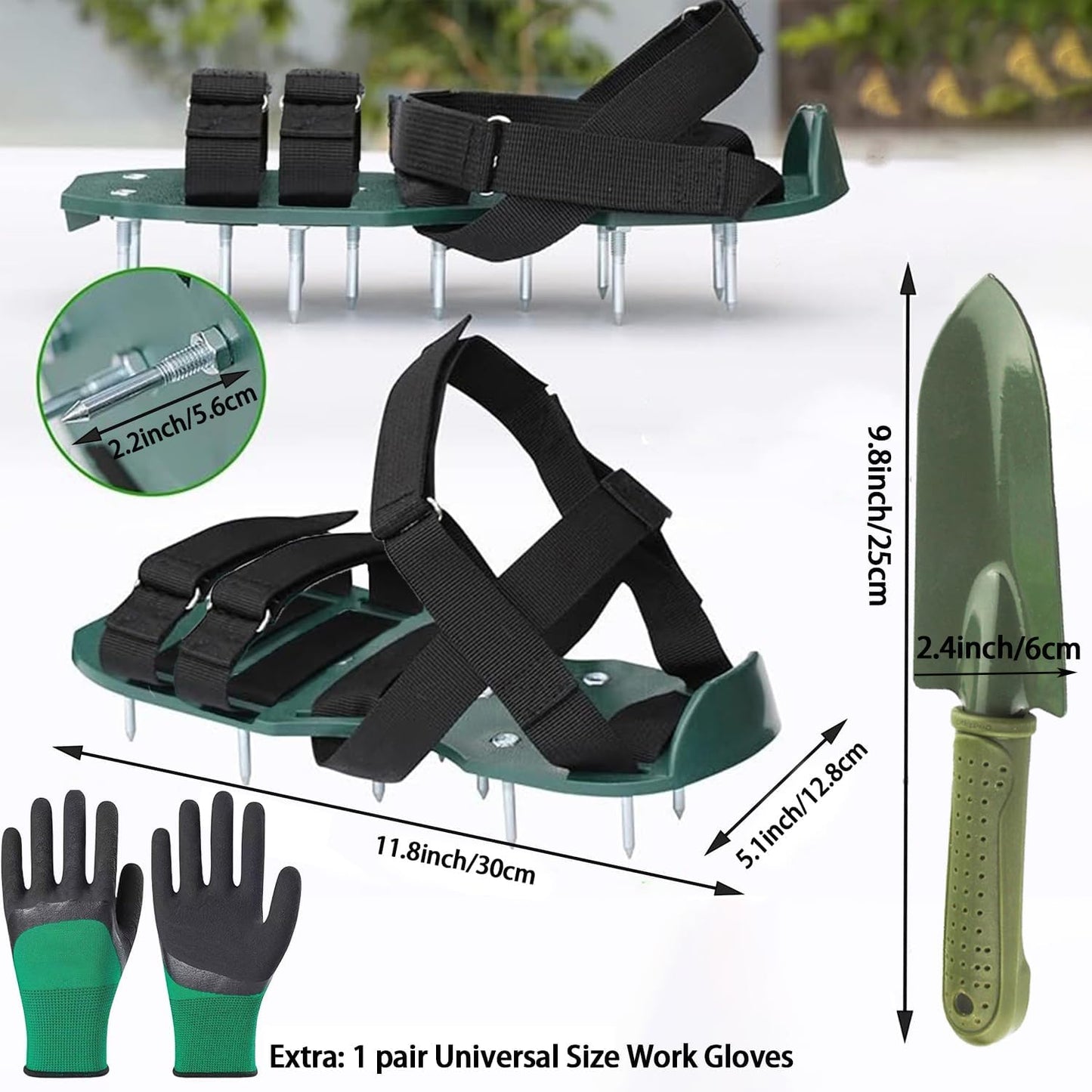 Aerator Shoes for Lawn, Long Spike Shoes for Self Levelling Floor with Hook & Loop Straps, Including Stainless Steel Shovel and Work Gloves, Spiked Aerating Sandals for Yard Patio Garden Grass Lawn