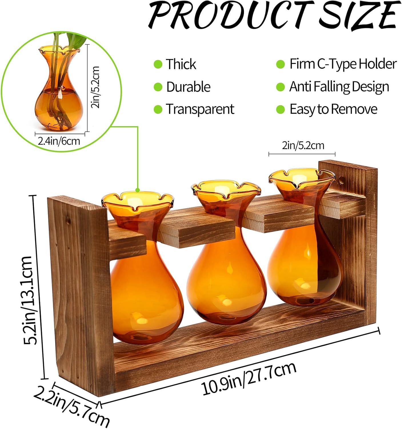 Plant Propagation Station Plant Terrarium Unique Birthday Gifts for Women Plant Lovers Home Office Decor Planter with Wooden Stand - 3 Bulb Glass Vase