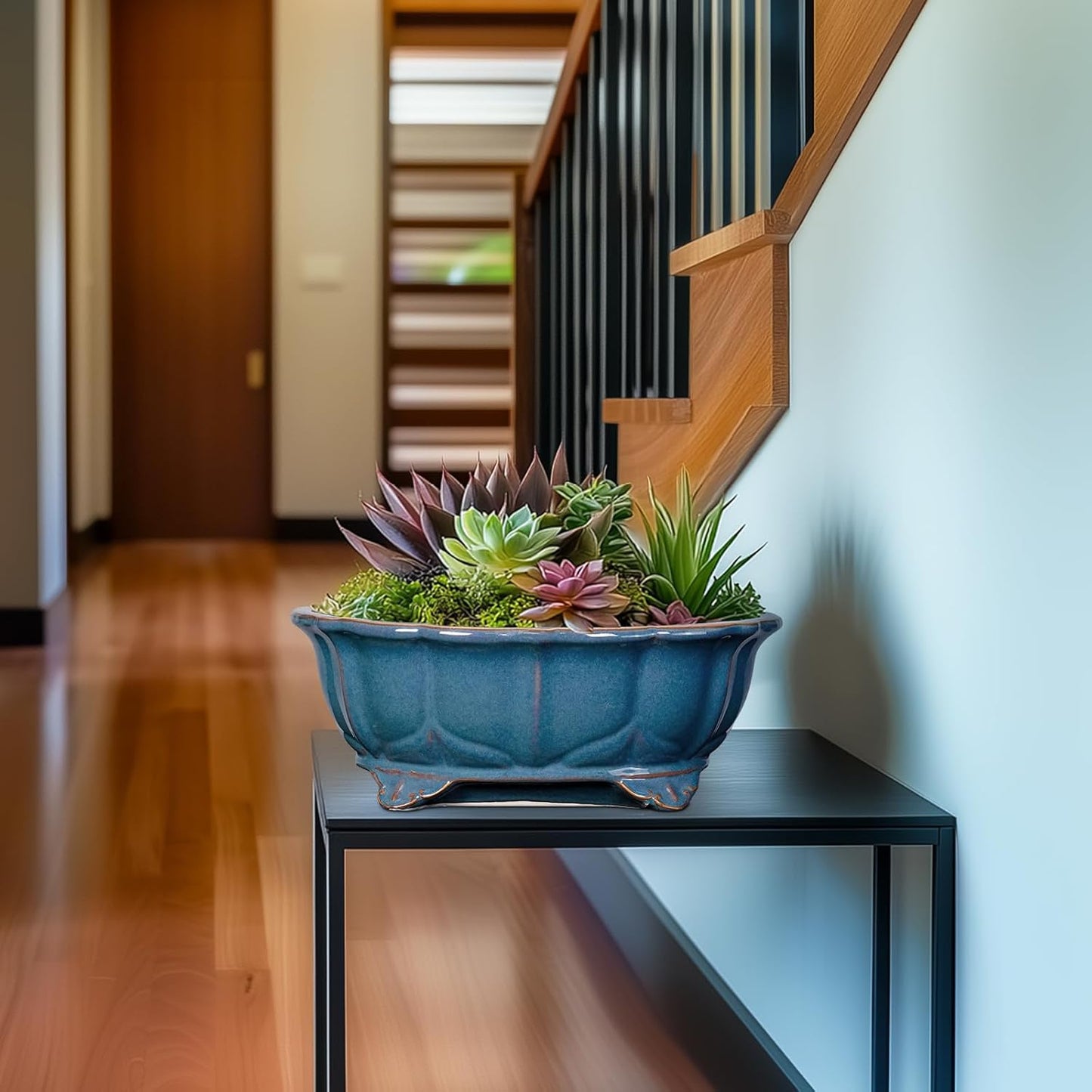 Bonsai Tree Pot - 11 Inch Ceramic Succulent Pots, Bonsai Planter for Indoor Outdoor, Decorative Plant Pot with Drainage Hole, Oval Flower Pot, Home Garden Decor, Garden Gifts, Retro Blue