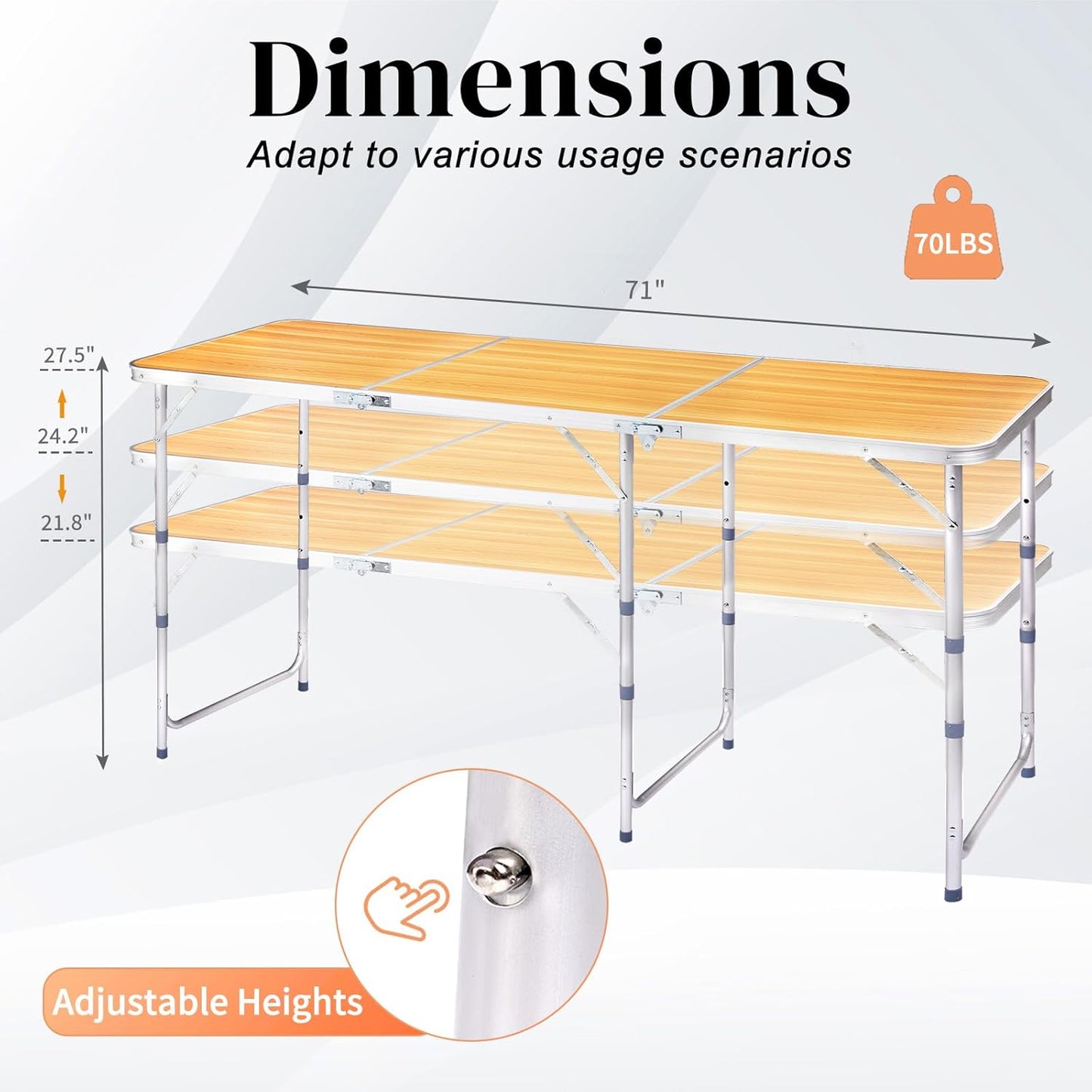 Outvita 6ft Portable Folding Camping Table, Outdoor Waterproof Adjustable Height Table, Aluminum Lightweight Suitcase Foldable Table for Picnic BBQ Beach Dining